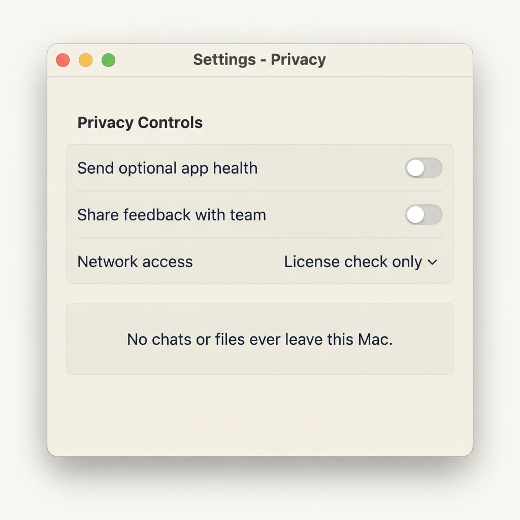 Tetherless privacy settings showing network access limited to license check only