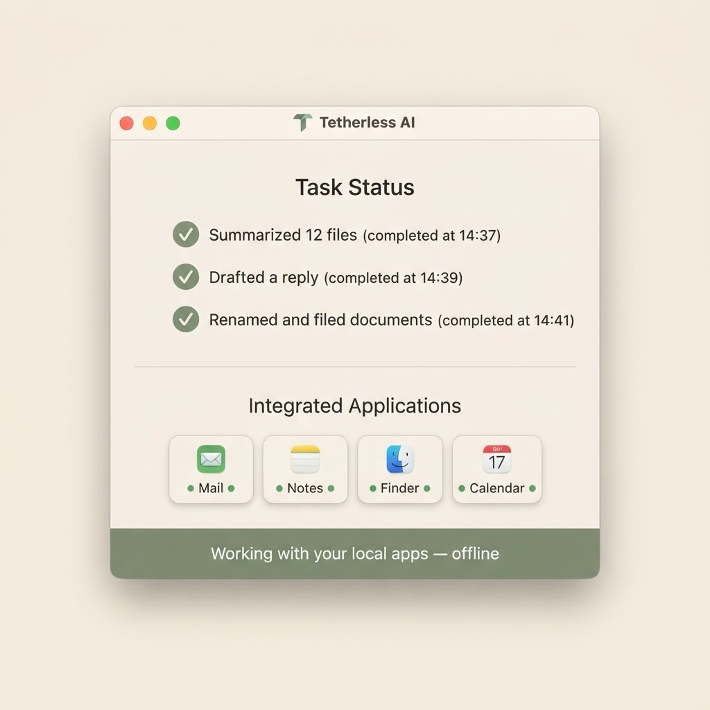 Tetherless completing a multi-step task and connected to local Mail, Notes, Finder, and Calendar apps